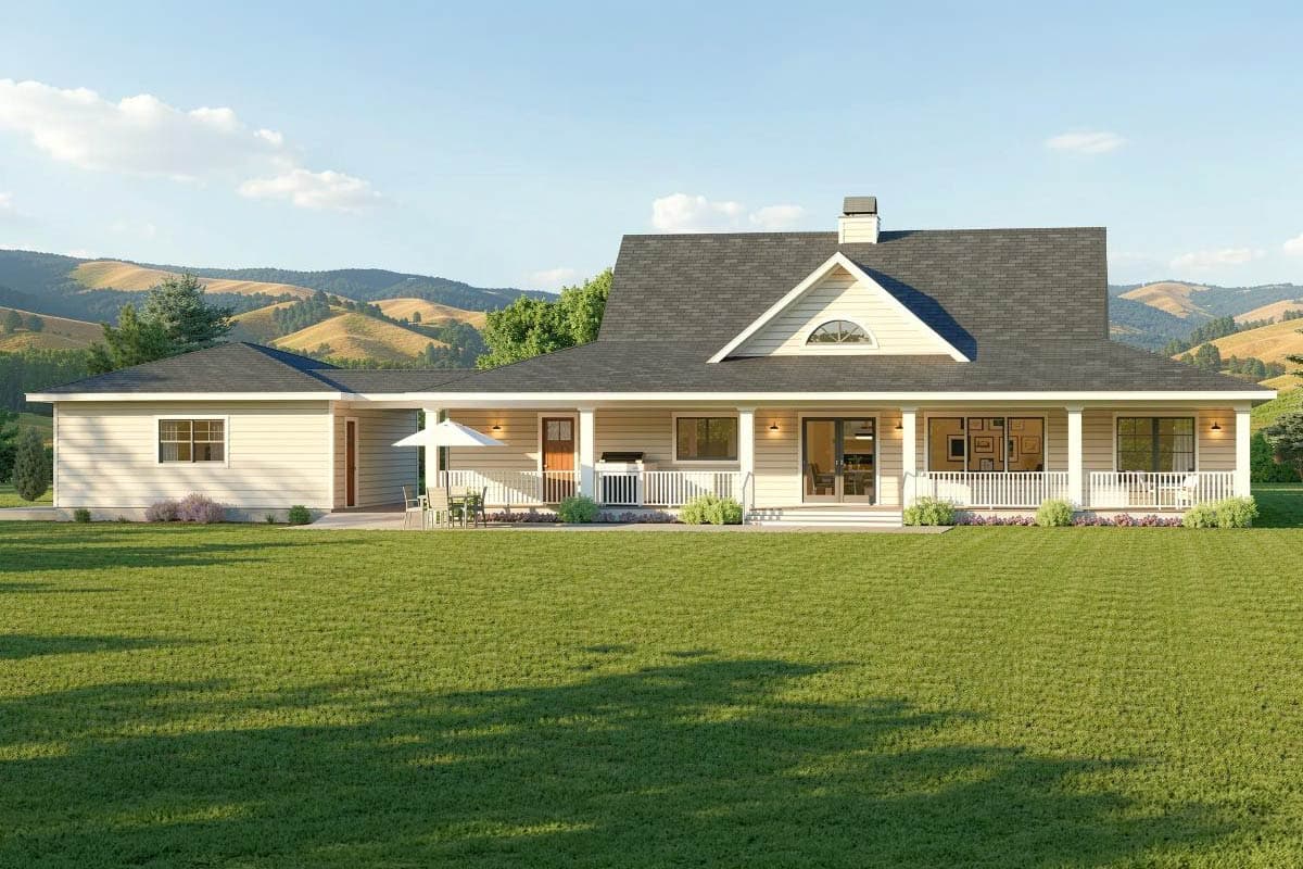 Modern Farmhouse style house plan exterior with a covered wrap-around porch, gables, and arched dormer.
