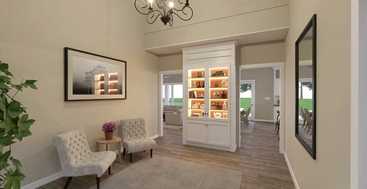 Interior rendering of a house, showing a hallway with built-in shelving, two armchairs, and doorways to a bedroom and dining area.