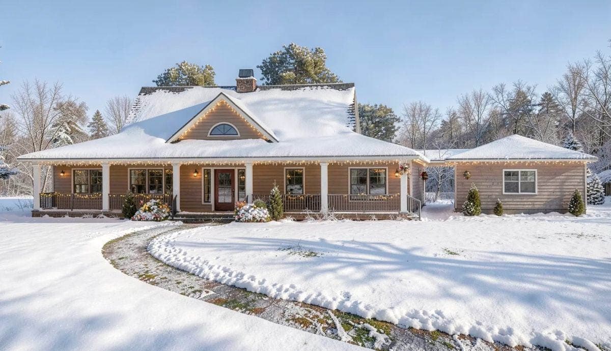House plan exterior: Ranch style with a covered wrap-around porch, gable dormer, and attached garage.