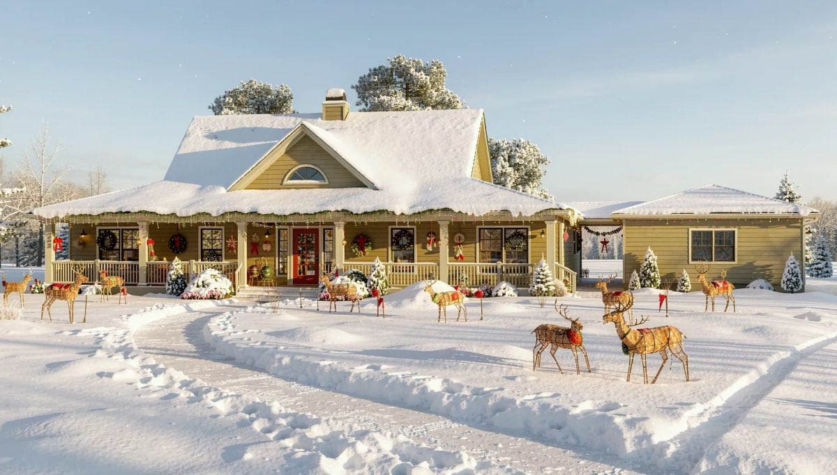 House plan exterior: Two-story house with a wraparound porch, gables, and a dormer window. Covered in snow.