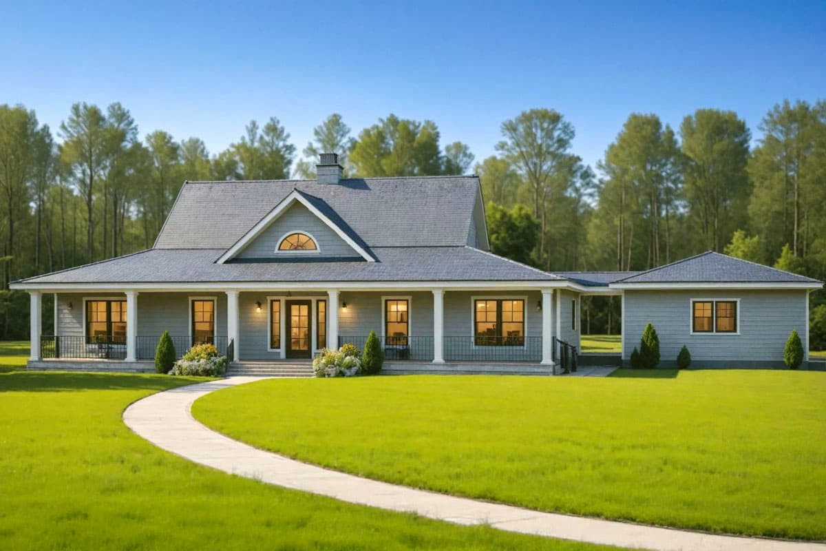 A large, modern farmhouse with a wraparound porch, a curved pathway leading to the front door, and a green lawn, surrounded by trees.