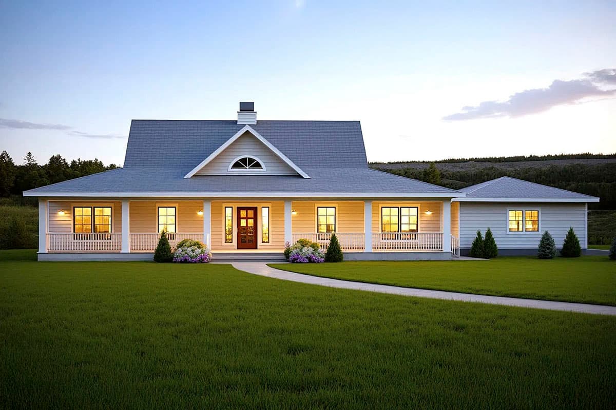 Modern Farmhouse style house plan exterior with a covered wrap-around porch, gables, and arched dormer.