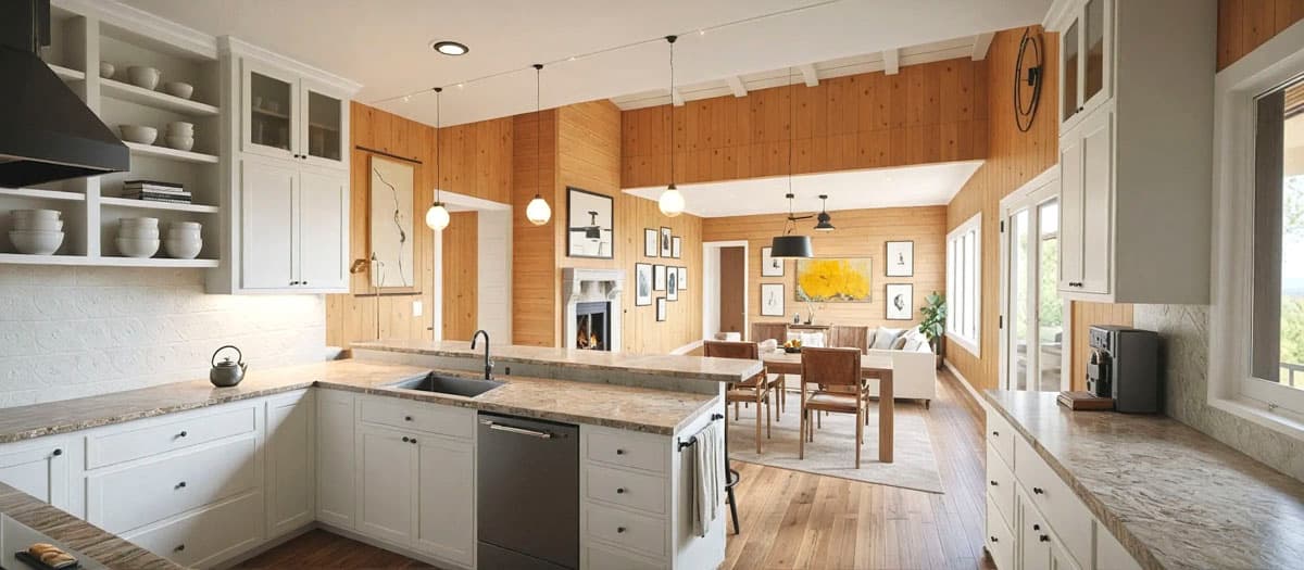 Kitchen and dining area with white cabinetry, granite countertops, fireplace, and wood-paneled walls.