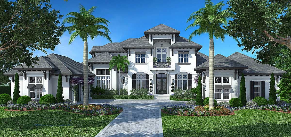 House plan exterior: Two-story home with a centered arched entryway, balconies, varied rooflines, and decorative window grilles.