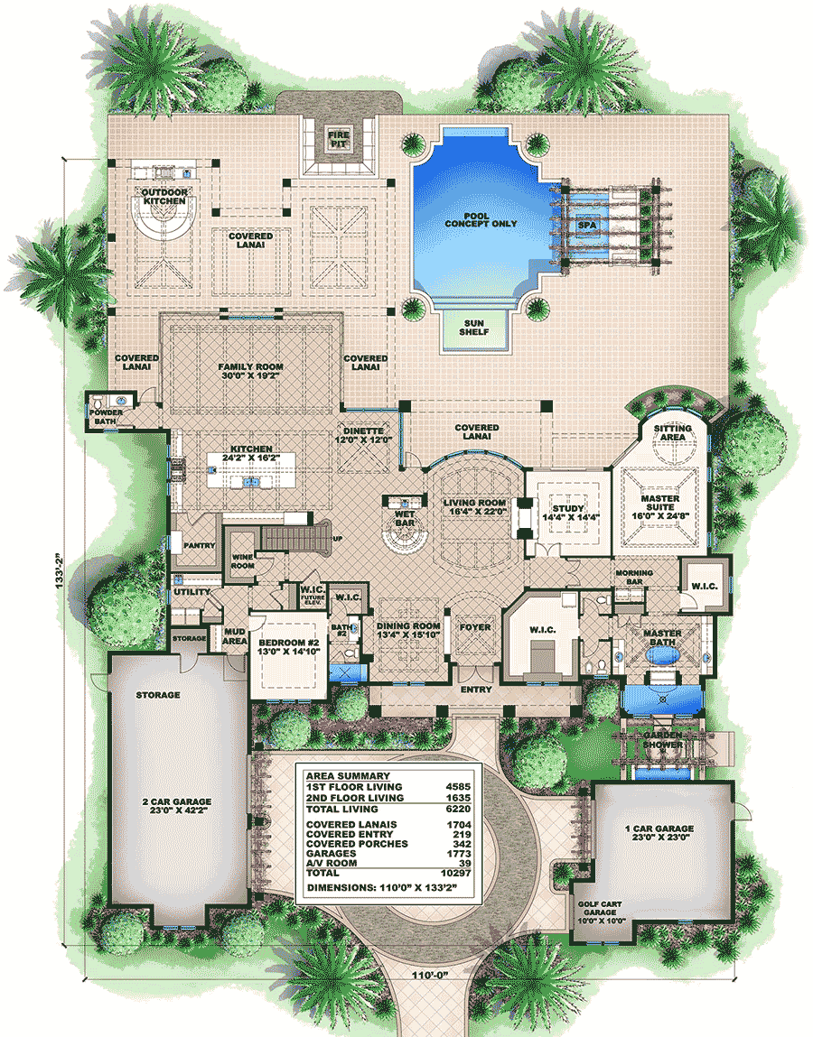 Plan 66368WE: Top-Of-The-Line Florida House Plan with Elevator - 6220 Sq Ft - Floor Plan - Main Level - Florida-Style, Southern
