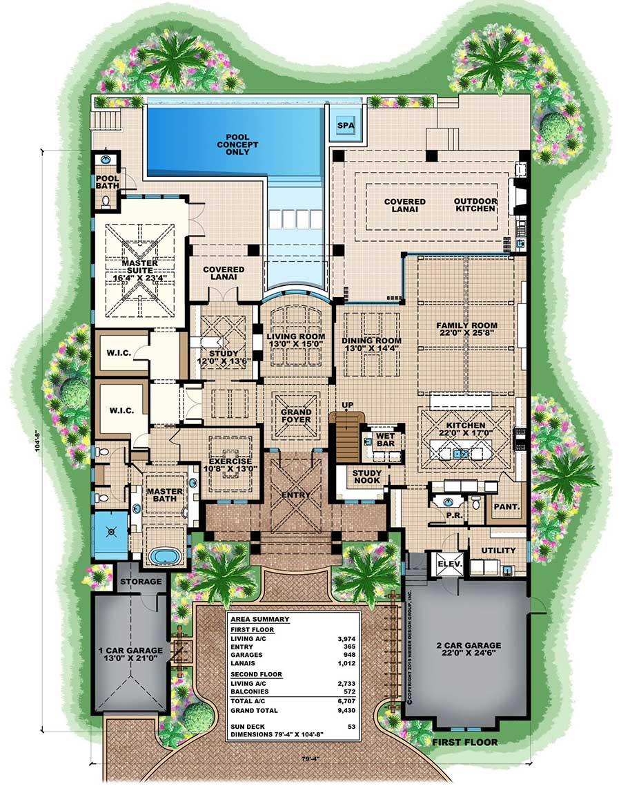 Plan 66370WE: Grand Florida House Plan With Junior Master Suite - Floor Plan - Main Level - Florida-Style, Southern