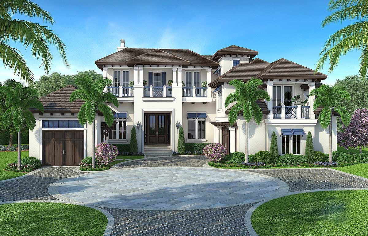 House plan exterior: two-story Mediterranean style with balconies, double garage doors, tile roof, and stucco finish.