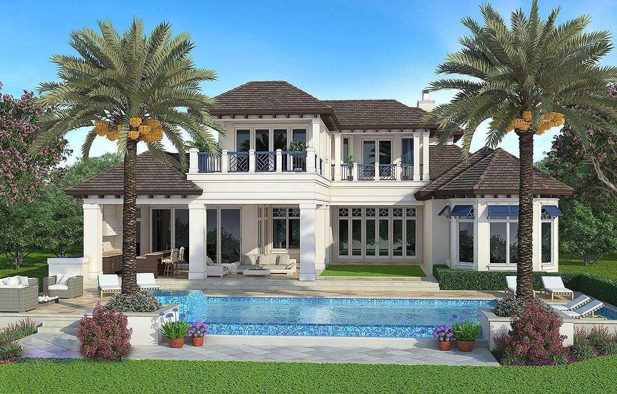 Two-story house plan exterior with hip roof, balconies, multiple gables, and a pool.