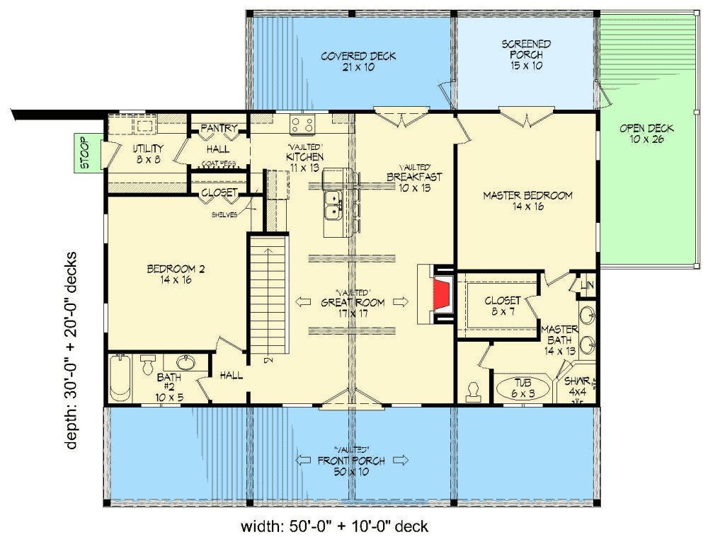 Plan 68414VR: 2 Bed Ranch with Vaulted Great Room for a Sloping Lot - Floor Plan - Main Level - Country, Mountain, Ranch