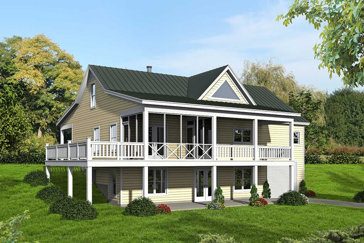 House plan exterior: Two-story home with screened porch, wraparound deck, and metal roof.