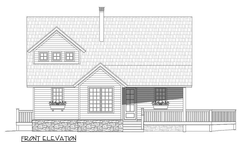 Front elevation drawing of a two-story house with gabled dormer, covered porch, and stone foundation.
