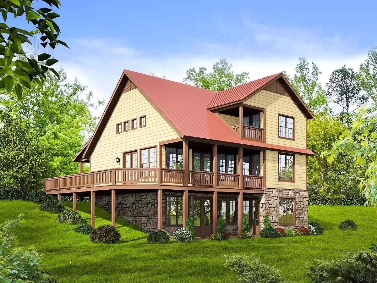 House plan exterior with two stories, a red metal roof, and a wrap-around deck. Features include exposed timber supports and stone foundation.