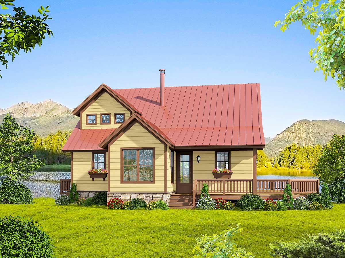 House plan exterior: Two-story cottage with a gabled roof, wraparound porch, dormer windows, and stone foundation.