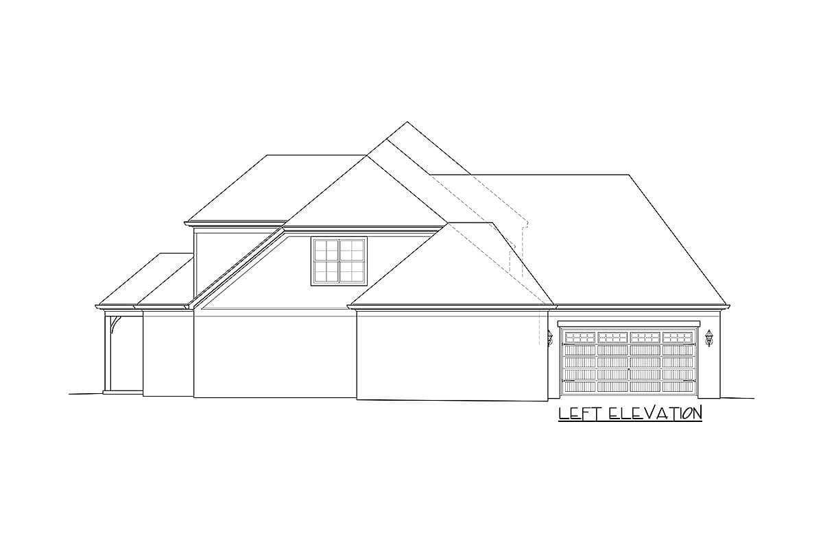 House plan left elevation drawing shows a two-story house with a gable roof, dormer window, and attached garage.