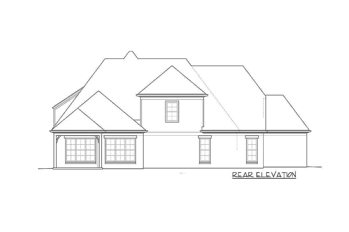 Rear elevation drawing of a house plan with prominent gables, a covered porch, and multiple windows.