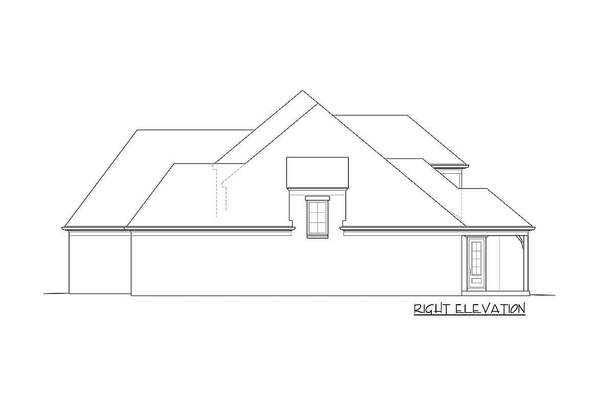 Right elevation house plan with multiple gables, dormer window, and covered porch.
