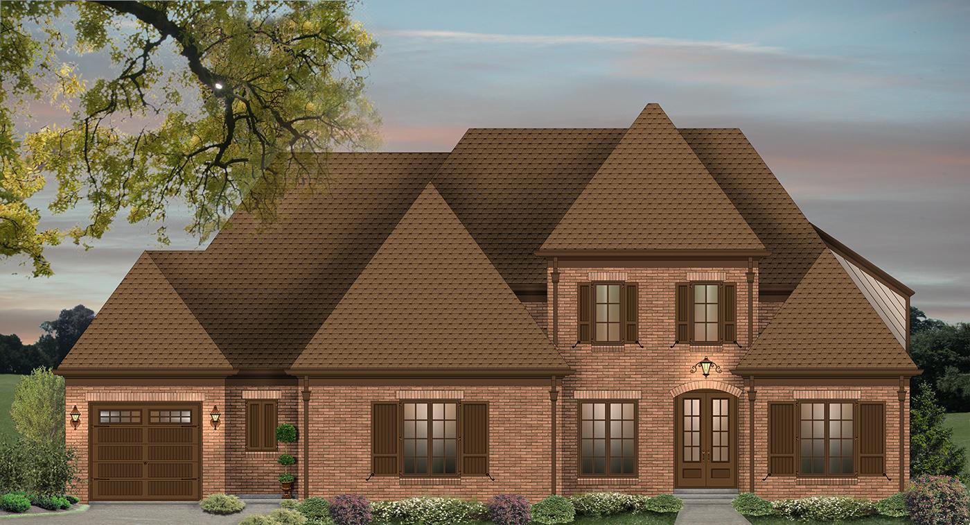 House plan exterior: Brick two-story home with multiple prominent gables, a double garage on the left, and arched double entry doors.