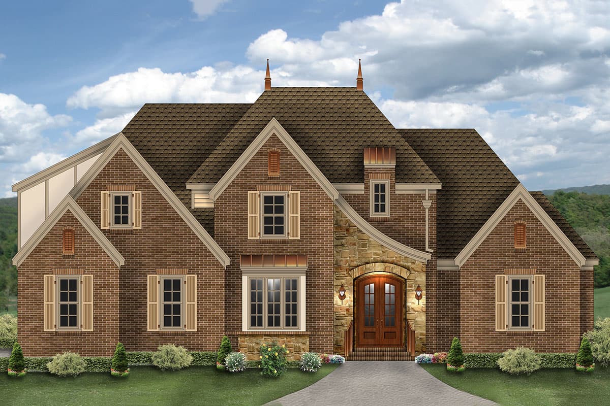 House plan exterior: Two-story brick home with multiple gables, stone arched entry, and bay window.