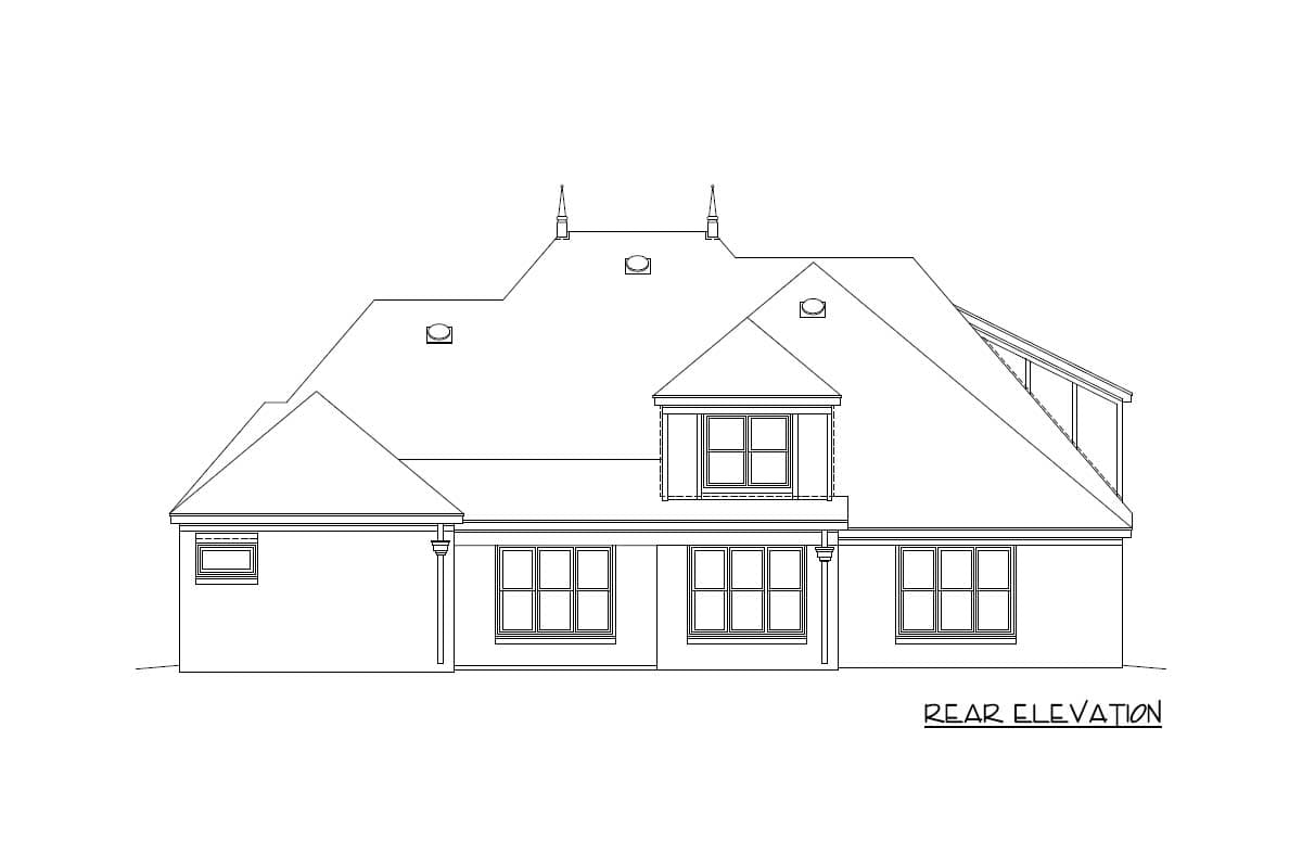 Rear elevation house plan drawing showing multi-level rooflines, dormer window, and multiple windows.