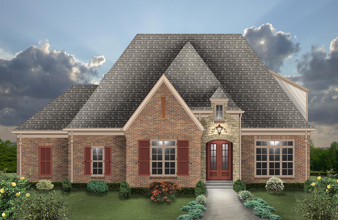 House plan exterior: brick, stone arch entryway, double doors, multiple gables, and dormers.