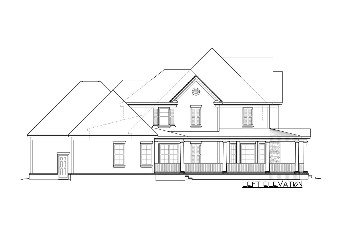 Left elevation house plan showing a two-story home with a wrap-around porch, gables, dormers, and multiple windows.
