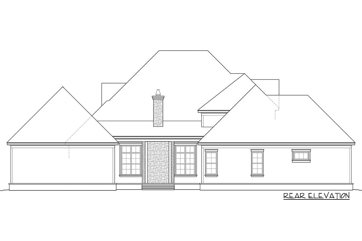 Rear elevation drawing of a house plan featuring multiple gables, a prominent chimney, and numerous windows.