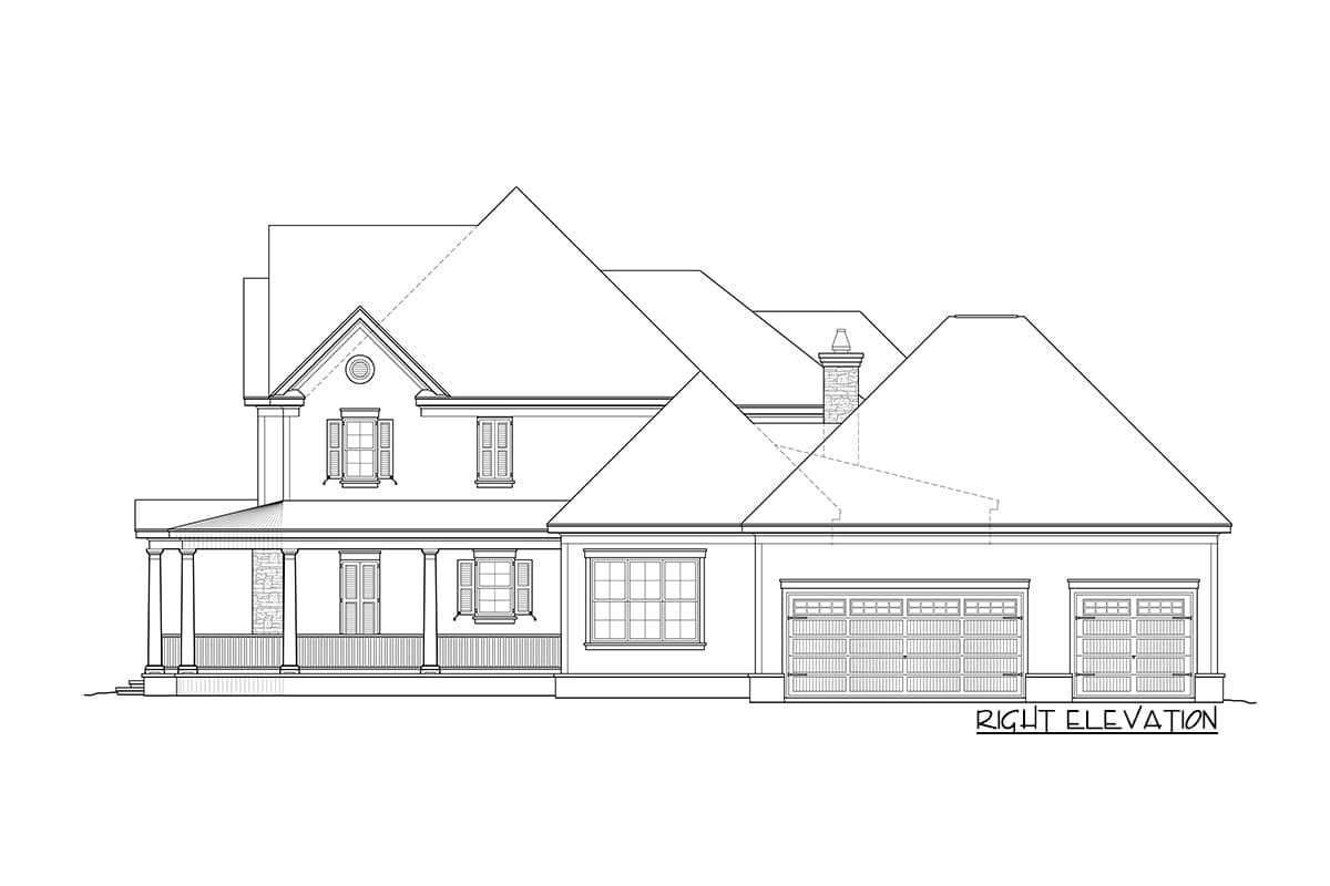 Right elevation house plan featuring a wraparound porch with columns, dormers, a gabled roof, and a three-car garage.