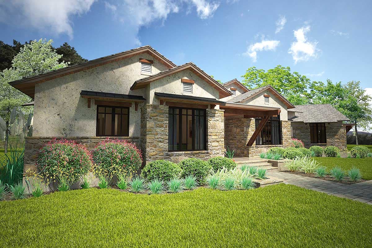 House plan exterior with stone and stucco facade, multiple gables, and a covered entryway.