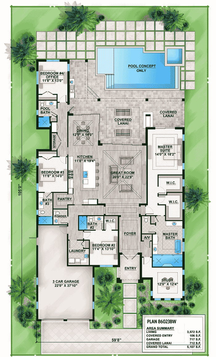 Plan 86023BW: Florida House Plan with Indoor/Outdoor Living - Floor Plan - Main Level - Coastal, Florida-Style, Southern