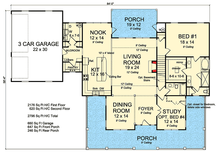 Plan 52269WM: Expanded Farmhouse Plan with 3 or 4 Beds - 2796 Sq Ft - Floor Plan - Main Level - Country, Farmhouse