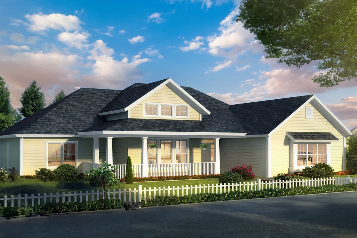 House plan exterior: Single-story home with a prominent front porch, gable dormer with three windows, and white picket fence.