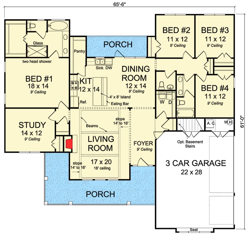 Plan 52270WM: Good-Looking Southern Ranch House Plan - 2265 Sq Ft - Floor Plan - Main Level - Ranch, Southern, Traditional