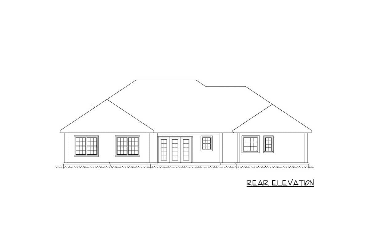 Rear elevation of a single-story house plan featuring double doors and five windows.