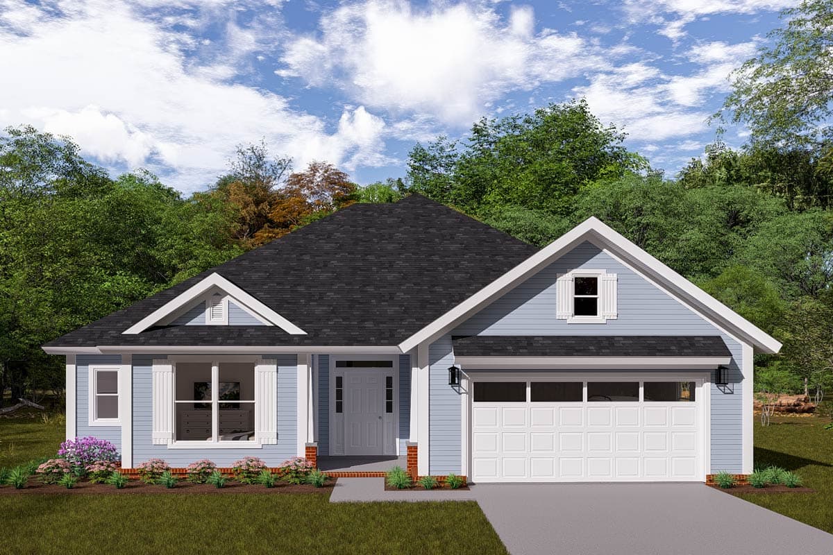 House plan exterior. Ranch style with a single story, front-facing garage, gables, and decorative shutters on windows.