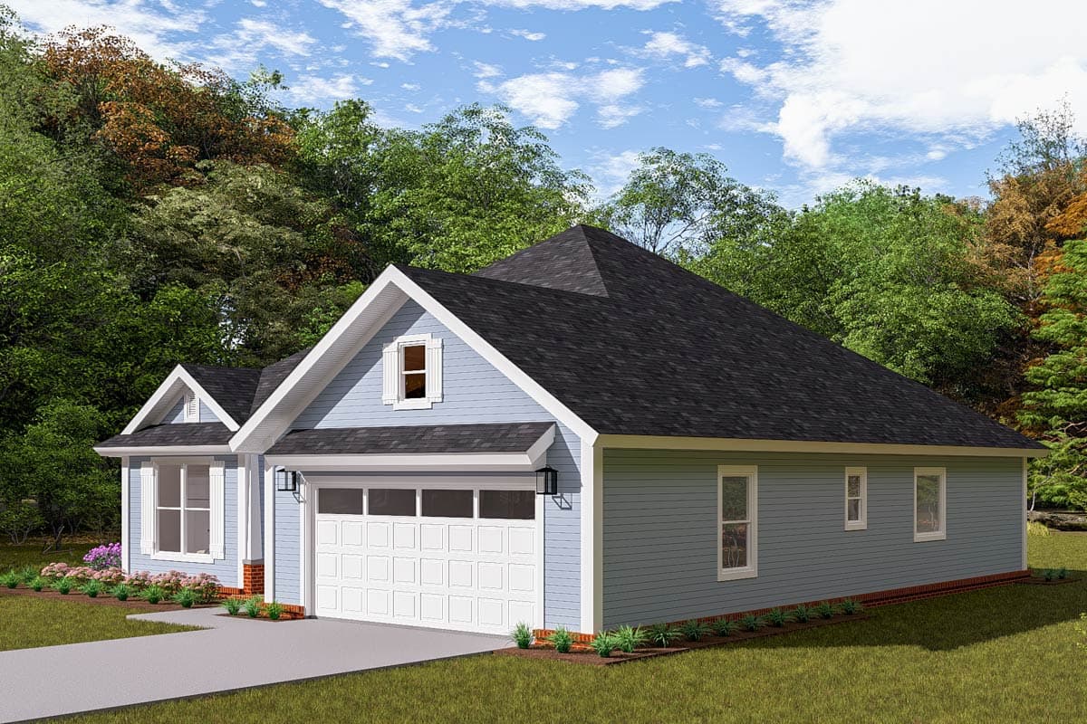 House plan exterior: one-story Modern Farmhouse with gable dormer, attached two-car garage, and prominent rooflines.