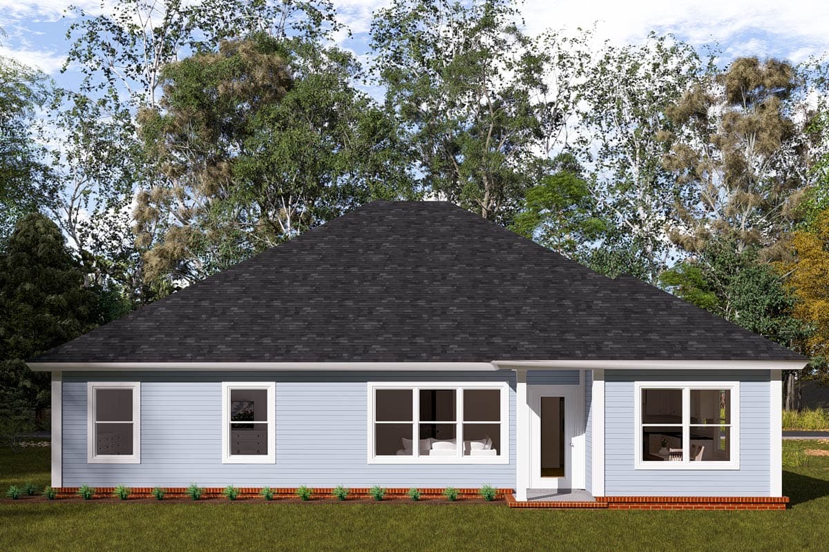 House plan exterior: One-story home with blue siding, hip roof, covered porch, and multiple windows.