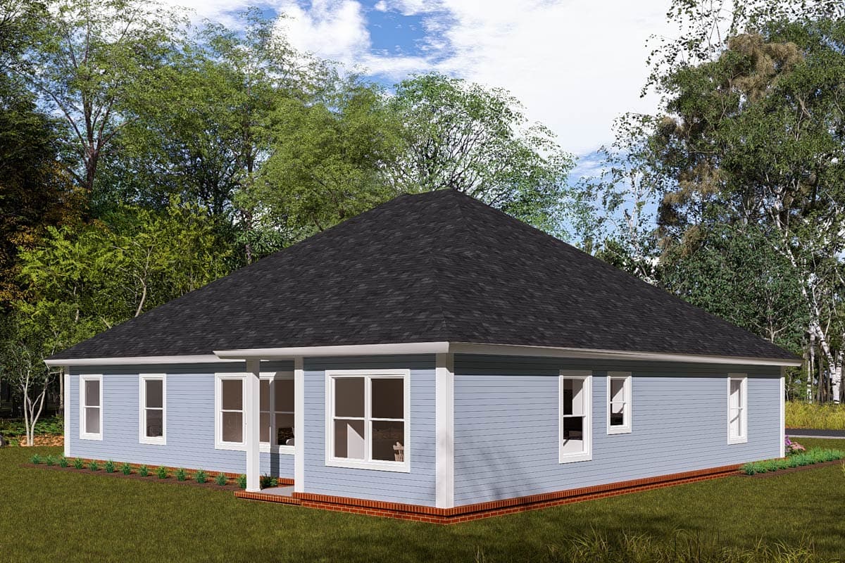 House plan exterior: single-story ranch with a prominent hipped roof, front porch supported by white columns, and blue siding.