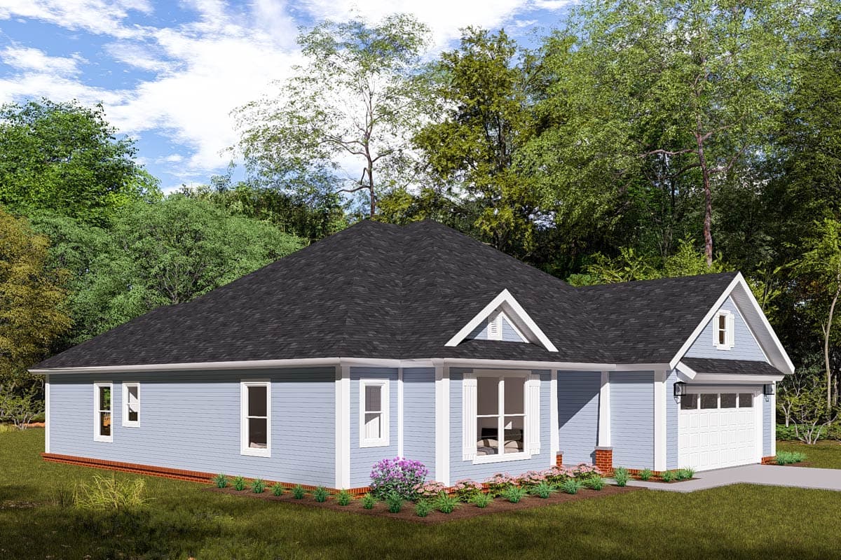 House plan exterior of one-story home with attached two-car garage, prominent gable, and wide front window.