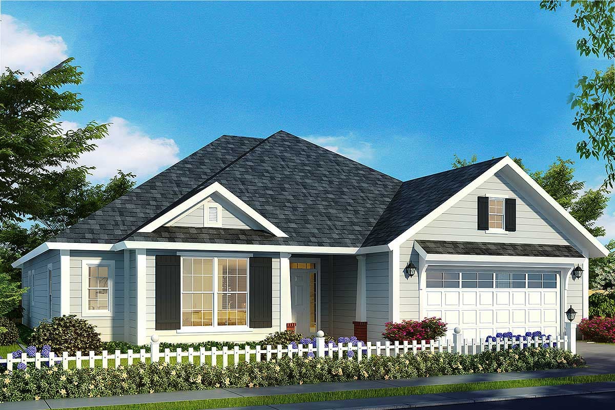 House plan exterior: Traditional style one-story home with a white picket fence, gables, dormer window, and attached two-car garage.
