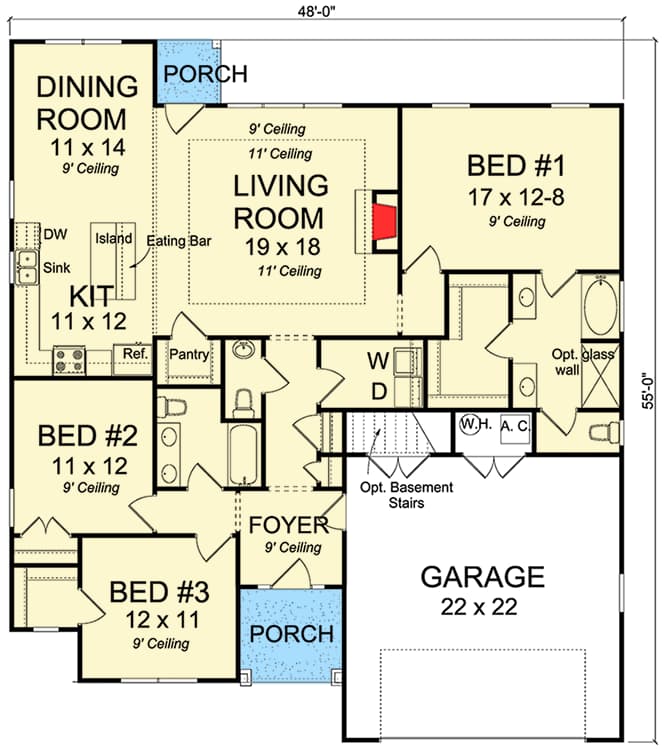 Plan 52272WM: Southern House Plan with Open Layout - 1709 Sq Ft - Floor Plan - Main Level - Ranch, Southern, Traditional