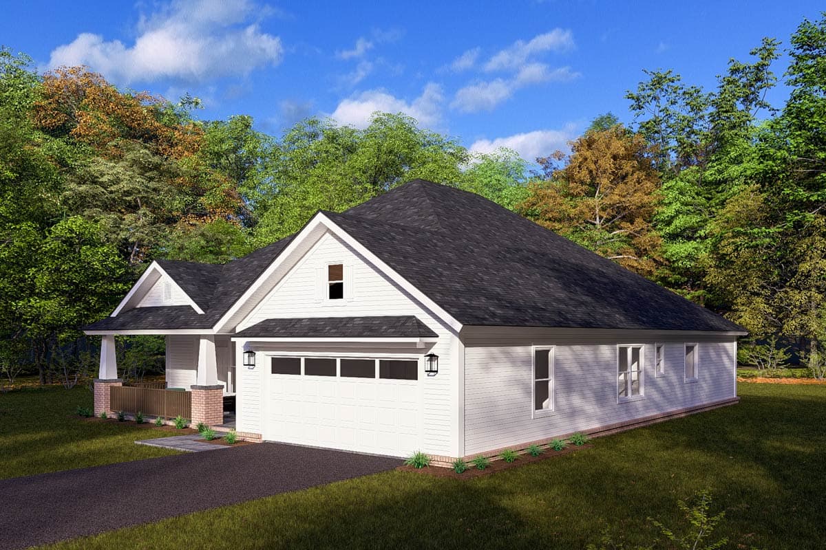 House plan exterior: One-story Modern Farmhouse with side-entry garage, front porch, and gabled dormer.