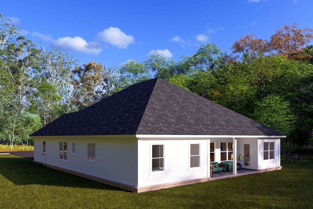 House plan exterior of a single-story Modern Farmhouse with a hipped roof, white siding, and a covered rear porch.