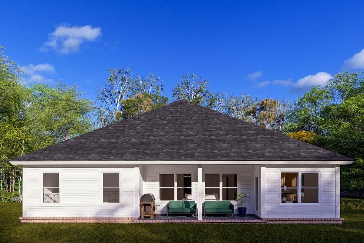 House plan exterior of a single-story Modern Farmhouse with a prominent hip roof, covered rear porch with columns, and white siding.
