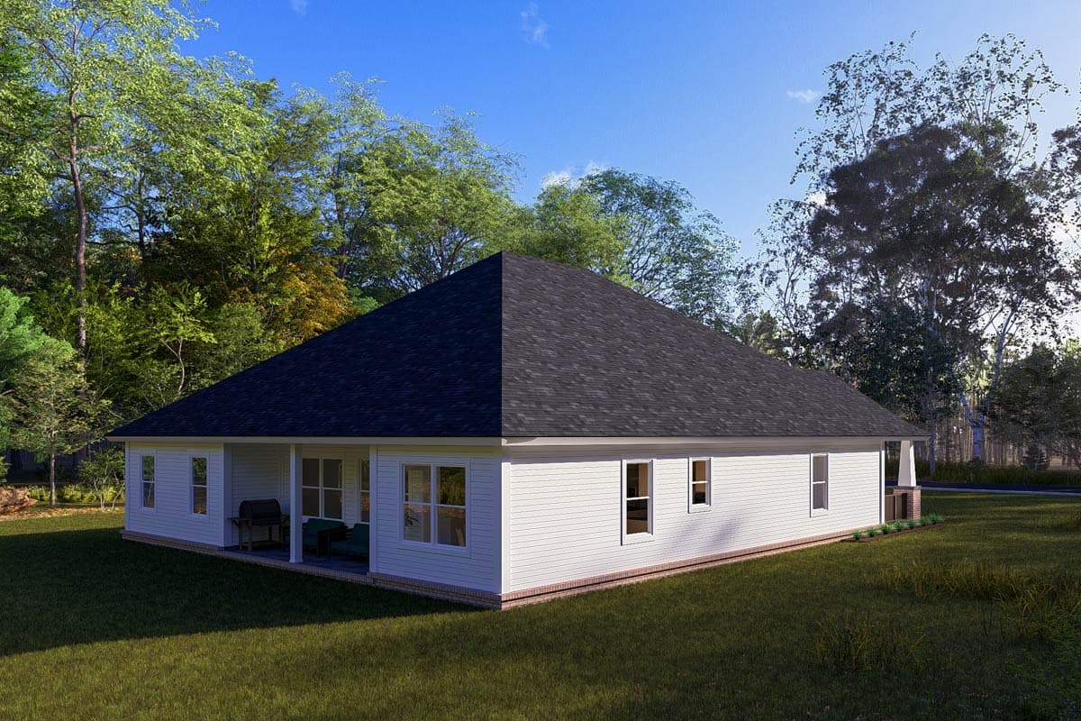House plan exterior rendering of a single-story home with a hip roof, covered porch with seating, and white siding.