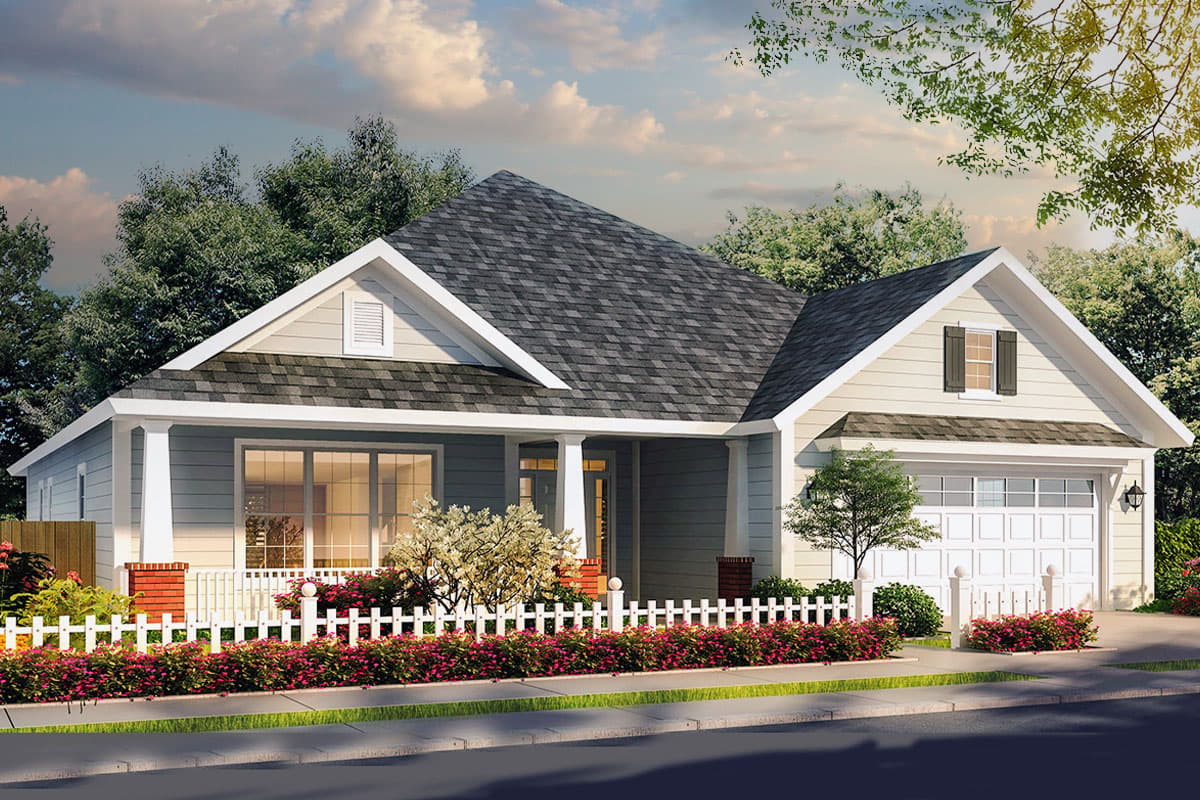 House plan exterior: One-story home with a covered front porch, gabled rooflines, and an attached two-car garage.