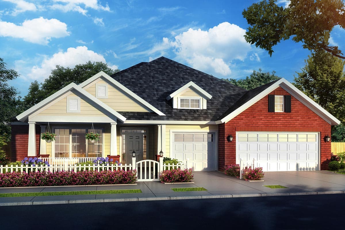 House plan exterior: One-story modern farmhouse with gabled dormer, white picket fence, and attached two-car garage.