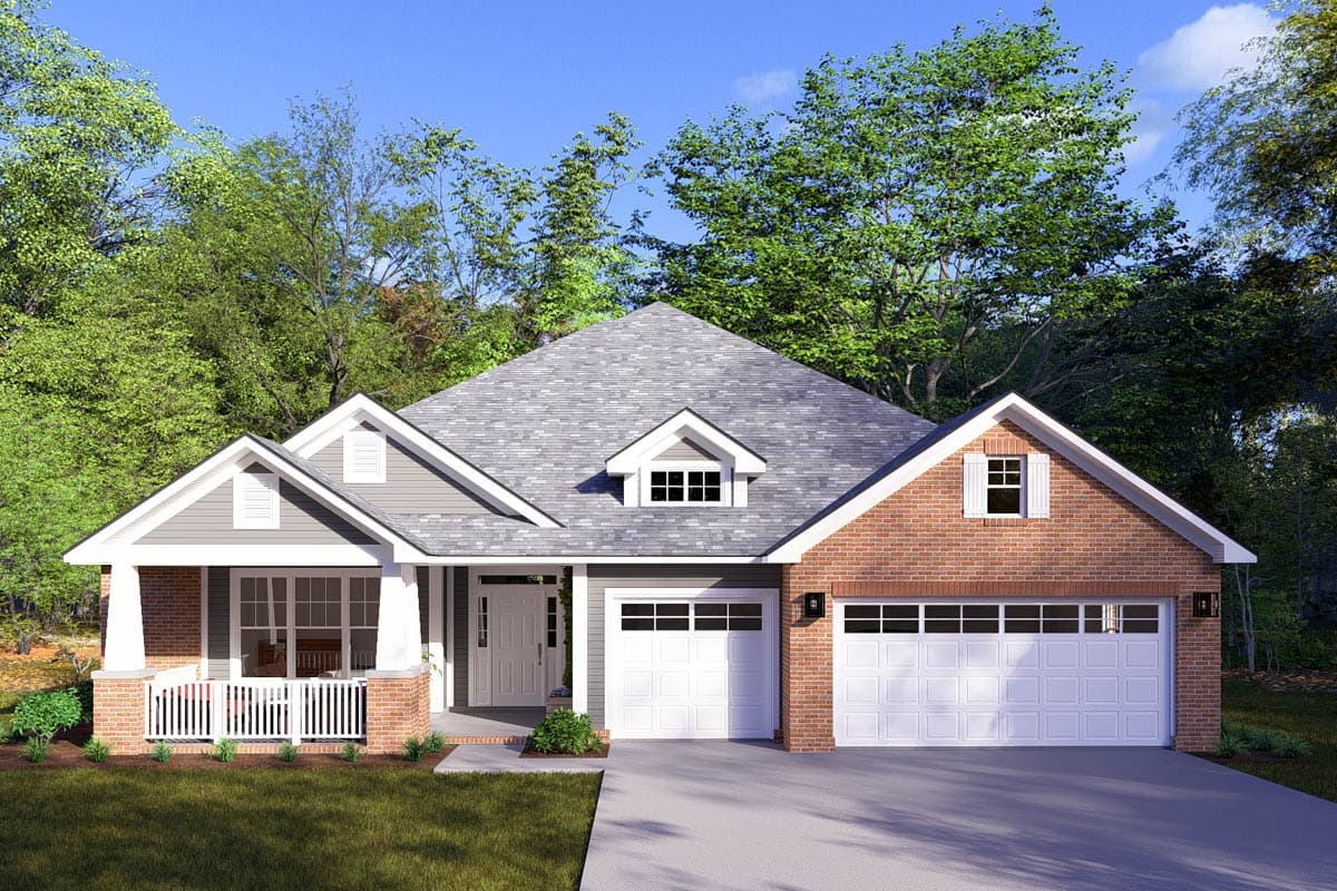 House plan exterior. Ranch style with a gabled roof, brick facade, covered porch, and a two-car garage. Features a dormer window.