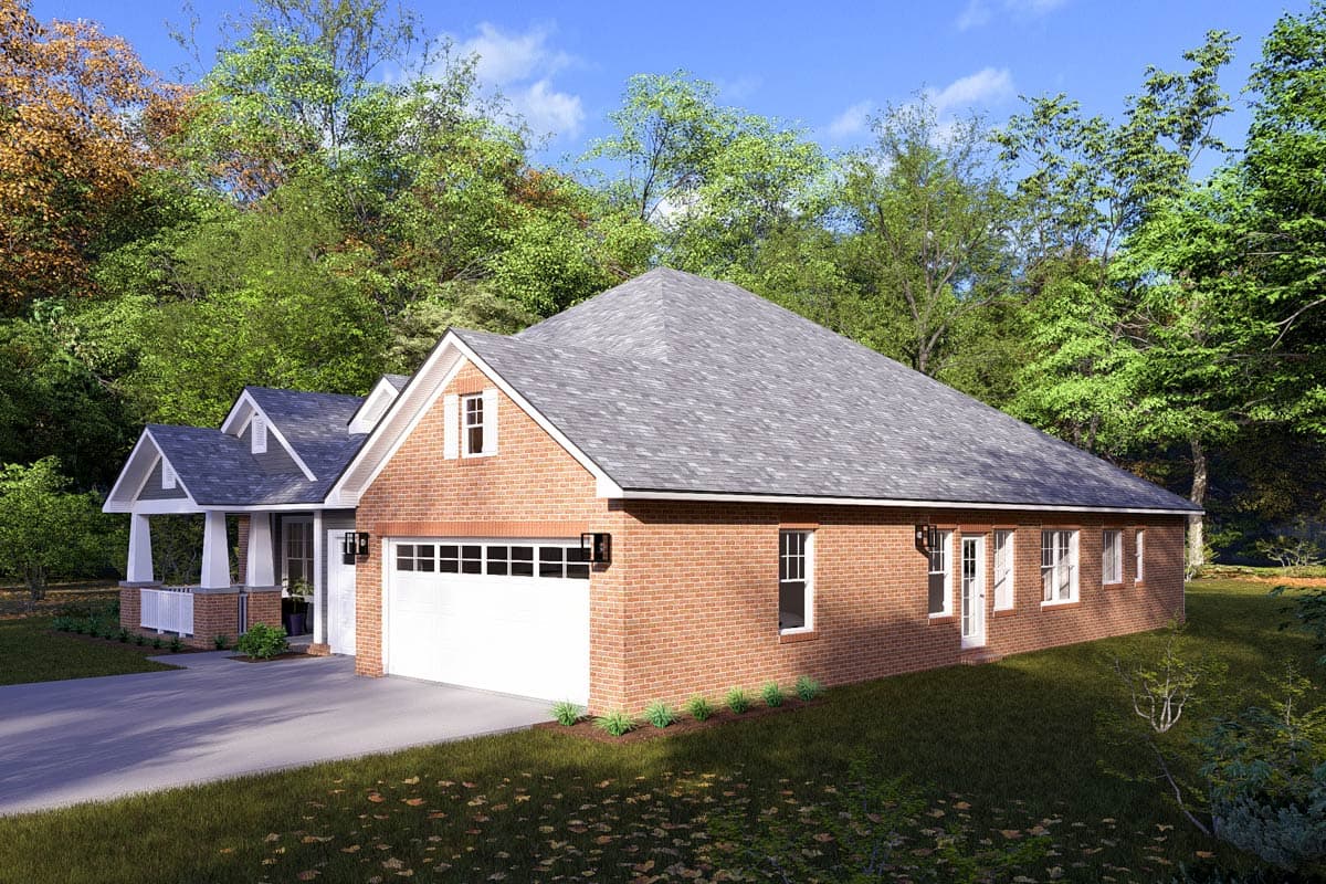 House plan exterior: Brick ranch with a covered front porch, gable dormer, and attached two-car garage.