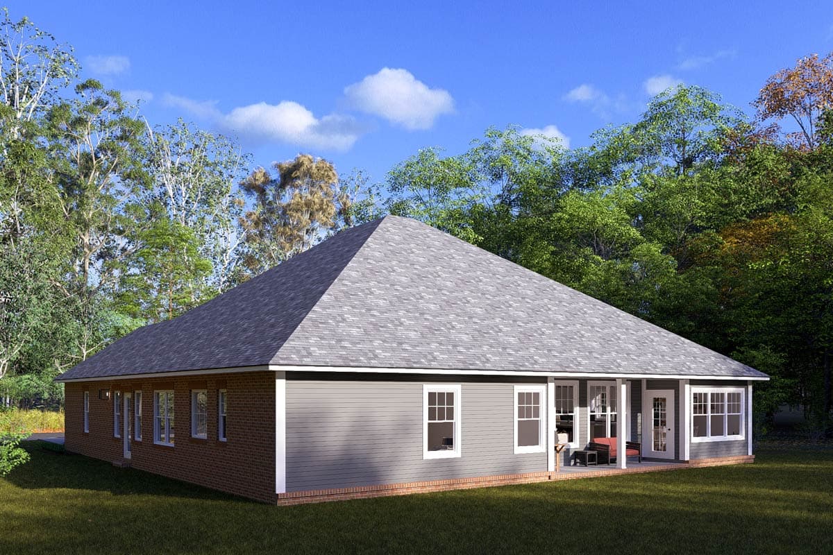House plan exterior: One-story home with hip roof, brick foundation, siding, and covered porch.