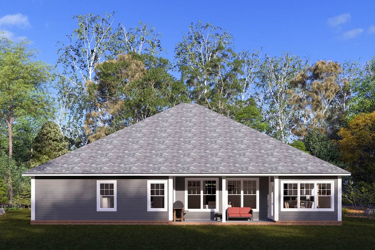 Ranch house plan exterior with a prominent hipped roof, covered porch with white columns, and multiple windows.